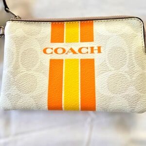 NWOT Coach Varsity Leather Wristlet W Sig across Orange & Yellow Stripe! W Tag